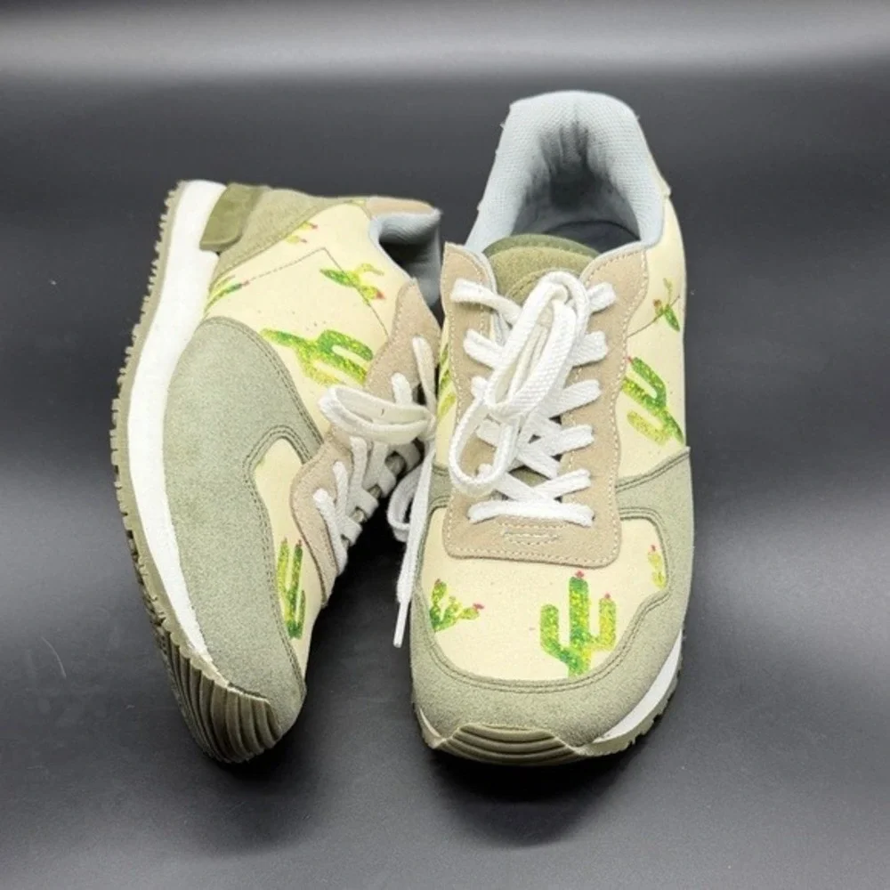 INKKAS Cactus‎ Print Sneakers Women Size 7 US Women 5 US Men Green Tan Lace Up